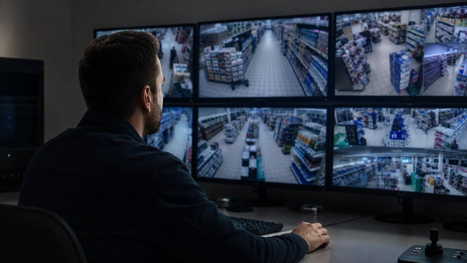 Inspecteur de magasin en civil surveillant les rayons d'un commerce depuis le poste de vidéosurveillance