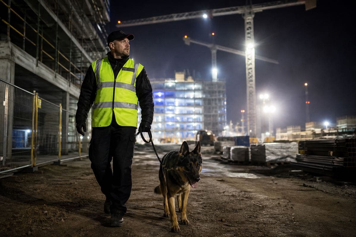 Maître-chien et son berger allemand en ronde de nuit sur un grand chantier de construction, entre les grues et les stocks de matériaux