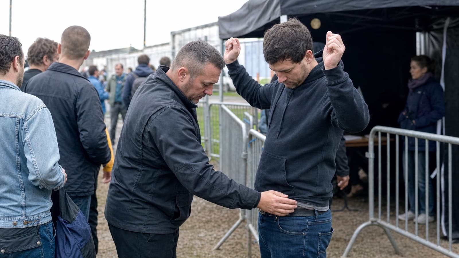 Agent de sécurité effectuant une palpation de sécurité sur un spectateur à l'entrée d'un festival en plein air, barrières et public en arrière-plan