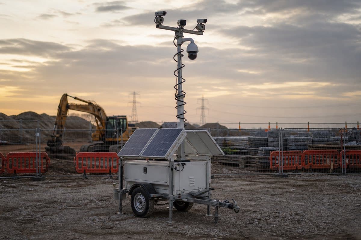 Mât de vidéosurveillance autonome sur remorque, alimenté par panneaux solaires, installé sur un chantier clôturé avec pelleteuse et stocks de matériaux