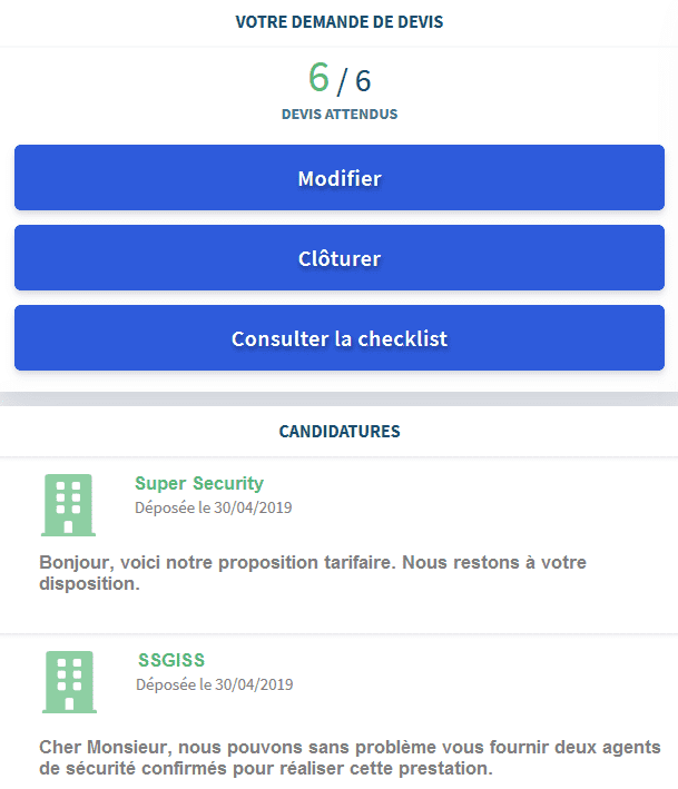 Capture d’écran de candidatures de prestataires d’agents de sécurité gardiennage