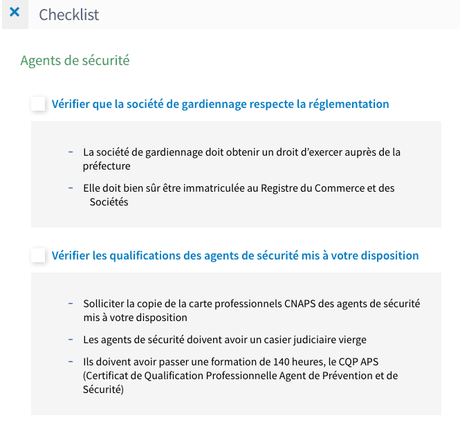 Capture d’écran de la checklist pour bien choisir son prestataire de gsardiennage